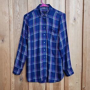 Talbots Long Sleeve Button Down Tunic Oversized Shirt, XS, Blue & Pink Plaid